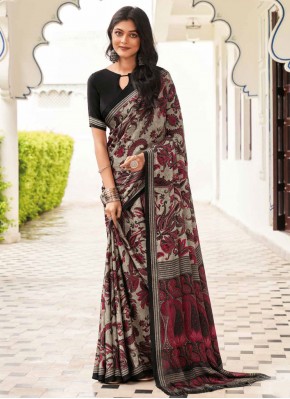 Best Pure Crepe Grey Printed Classic Saree