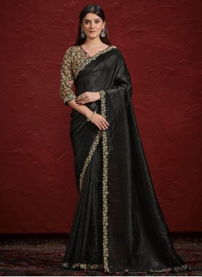 Black Crepe Silk Designer Saree