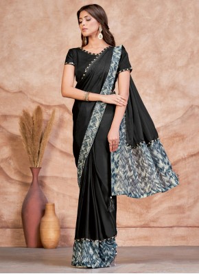 Black Satin Silk Embroidered Contemporary Style Saree