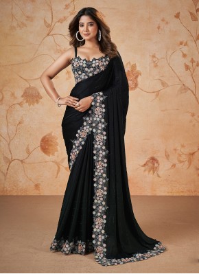 Black Satin Silk Reception Contemporary Style Saree