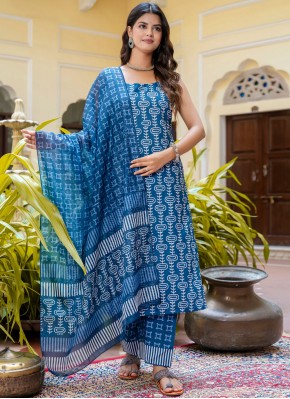 Blended Cotton Print Designer Salwar Kameez in Blue