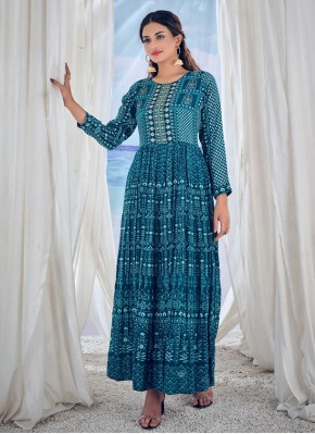Blissful Aqua Blue Embroidered Viscose Readymade Gown