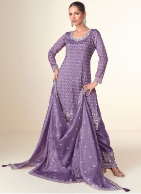 Blissful Chinon Thread Purple Readymade Salwar Kam