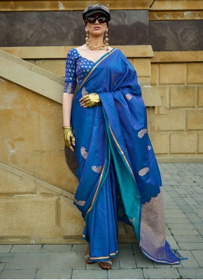 Blissful Satin Blue Woven Designer Saree