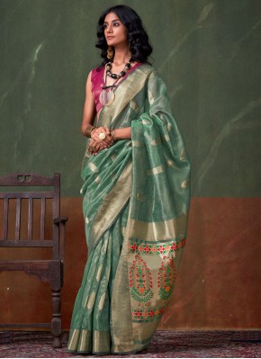 Blissful Weaving Sea Green Tissue Traditional Saree