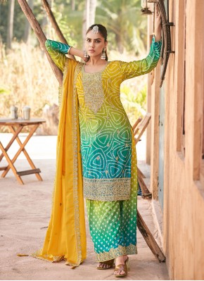 Blue and Green Chinon Embroidered Readymade Salwar Kameez