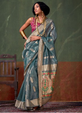 Blue and Grey Zari Party Classic Saree