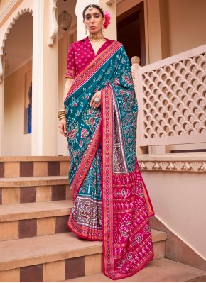 Blue and Teal Silk Printed Traditional Saree