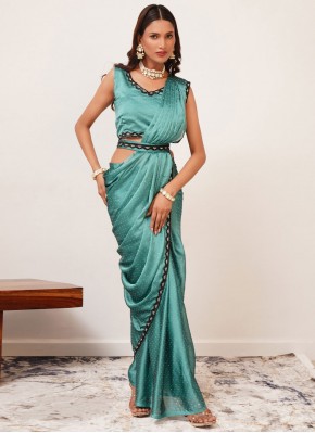 Blue and Teal Stone Satin Silk Contemporary Saree