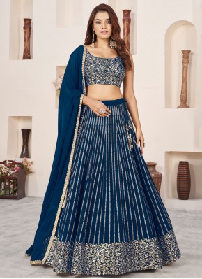 Blue Georgette Embroidered Trendy Lehenga Choli