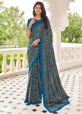 Blue Pure Crepe Classic Saree