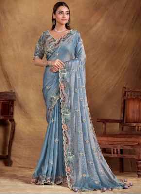 Blue Satin Silk Contemporary Saree