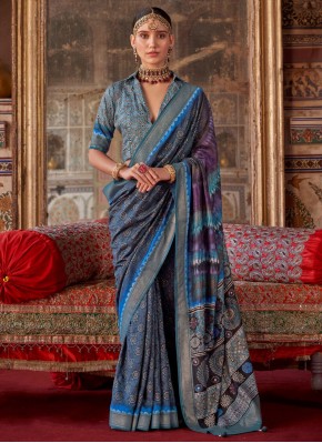 Blue Silk Printed Contemporary Saree