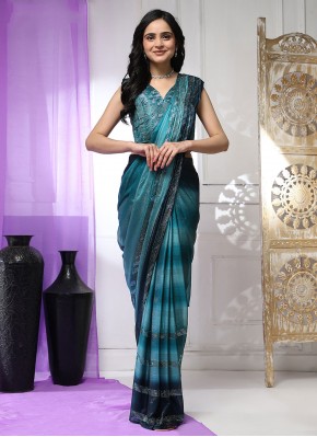 Border Satin Silk Contemporary Saree in Firozi