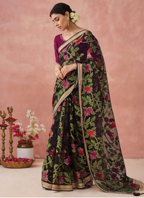 Brasso Navy Blue Print Designer Saree