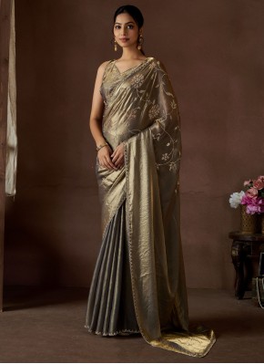 Brown and Grey Satin Silk Trendy Saree