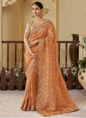 Brown and Orange Sequins Classic Saree