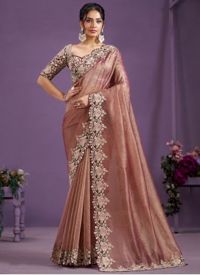 Brown and Peach Thread Banarasi Silk Designer Saree