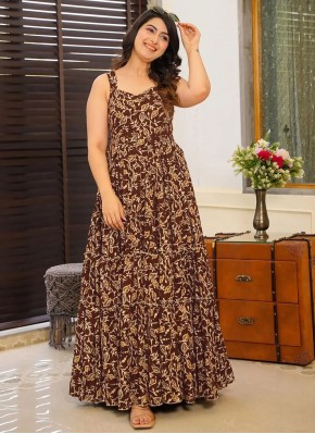 Brown Digital Print Party Trendy Gown