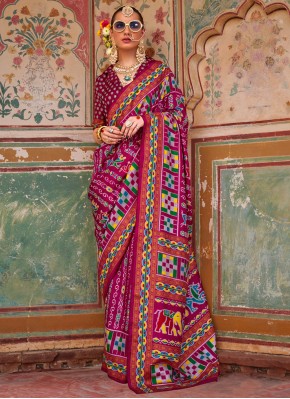 Burgundy and Rani Festival Silk Classic Saree