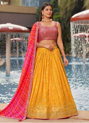 Capricious Embroidered Pink and Yellow A Line Lehe