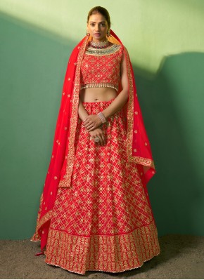 Catchy Embroidered Georgette Red Trendy Lehenga Ch