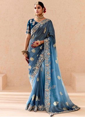 Catchy Silk Weaving Blue and Grey Contemporary Saree