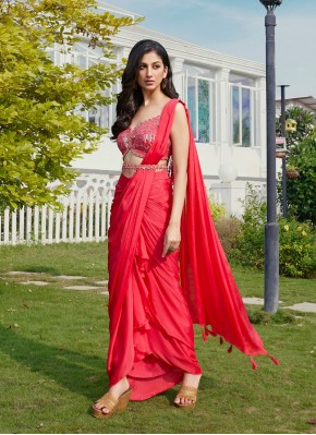 Charming Hand Work Chiffon Satin Ready Pleated Saree