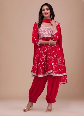 Charming Vichitra Silk Embroidered Red Readymade Salwar Kameez
