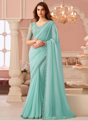 Cherubic Embroidered Aqua Blue Georgette Contempor