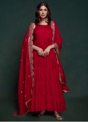 Chic Georgette Red Plain Designer Gown