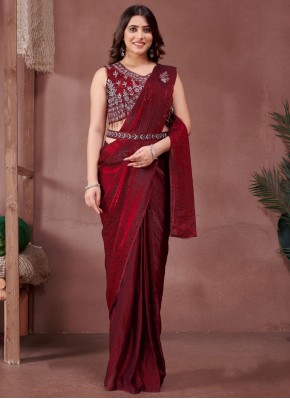 Chic Plain Red Contemporary Saree