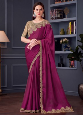 Chiffon Embroidered Rani Designer Saree