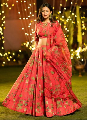 Chinon Digital Print Peach and Pink Readymade Lehenga Choli