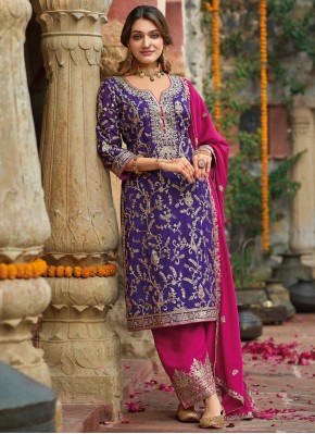 Chinon Embroidered Blue and Violet Designer Salwar Kameez