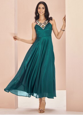 Chinon Embroidered Designer Kurti in Green and Teal