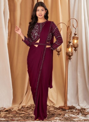 Chinon Embroidered Maroon Traditional Saree