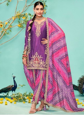 Chinon Embroidered Punjabi Suit in Purple