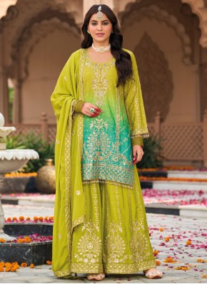 Chinon Green and Turquoise Embroidered Trendy Salwar Kameez