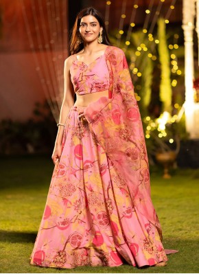 Chinon Pink Digital Print Readymade Lehenga Choli