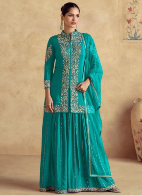 Chinon Trendy Palazzo Salwar Kameez in Firozi