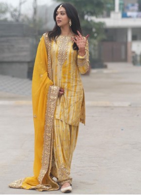 Chinon Trendy Salwar Kameez in Cream and Yellow