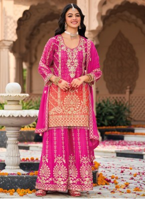 Chinon Zari Orange and Rani Readymade Salwar Kameez