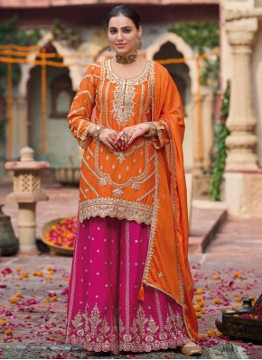 Chinon Zari Orange Readymade Salwar Kameez