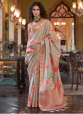 Classic Saree Digital Print Banarasi Silk in Beige