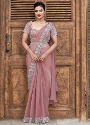 Classic Saree Embroidered Satin Silk in Pink