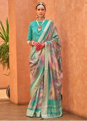 Classic Saree Foil Print Silk in Turquoise