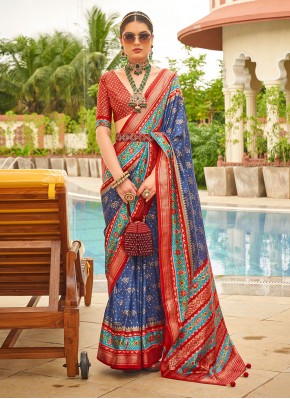 Classic Saree Patola Print Patola Silk  in Blue and Red