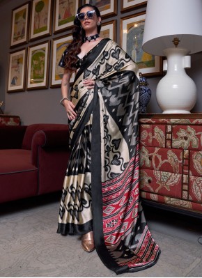 Classic Saree Patola Print Pure Crepe in Black and Pink