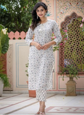 Classical White Printed Cotton Party Wear Kurti